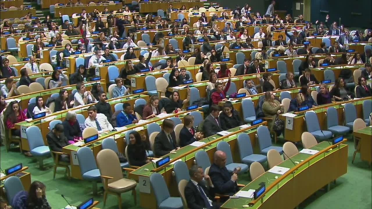 Sechs DSP-Schüler im Saal der Vereinten Nationen